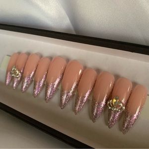 Purple Glitter French Nails with Crowns